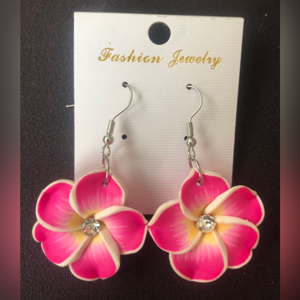 Fashion Jewelry Hot Pink Floral Drop Earrings with Cream Accents